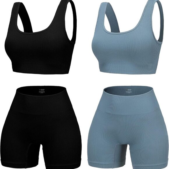 4 Piece Workout Sets for Women Seamless Ribbed High Waist Yoga shorts with Sport - Picture 1 of 5